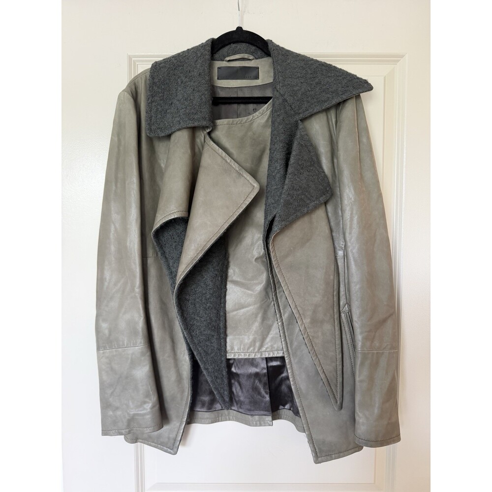 Haider Ackermann 100% Leather Army Green Drapey Front Jacket Wool Detail Size 40